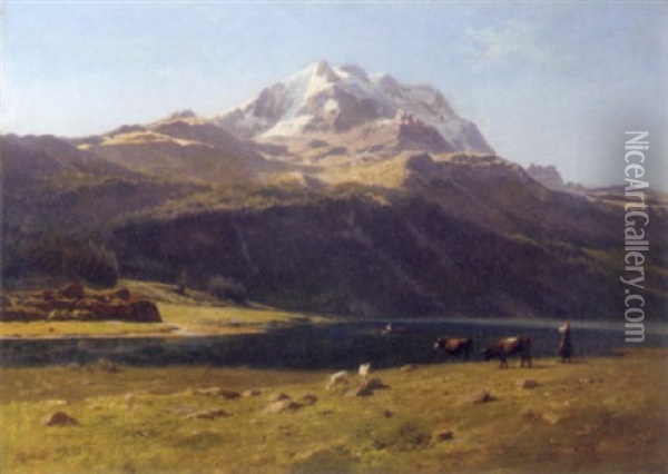 A Swiss Alpine Lake Oil Painting - Johann-Joseph Geisser