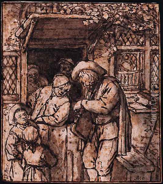 A Hurdy-Gurdy Player at the Door of a House, men and children listening on Oil Painting - Adriaen Jansz. Van Ostade