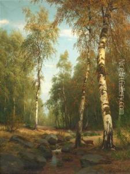 Clearance In A Birch Forest With Deers At A Brook. Oil/canvas, Signed Oil Painting - Carl Ludwig Fahrbach