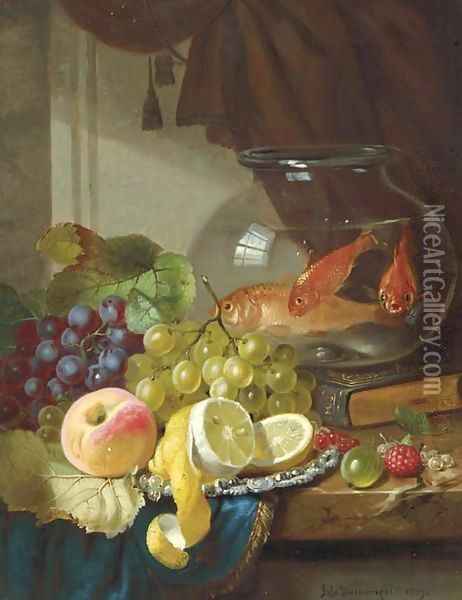 Still Life with Fruit and Goldfish in a Bowl on a Ledge Oil Painting - John Wainwright