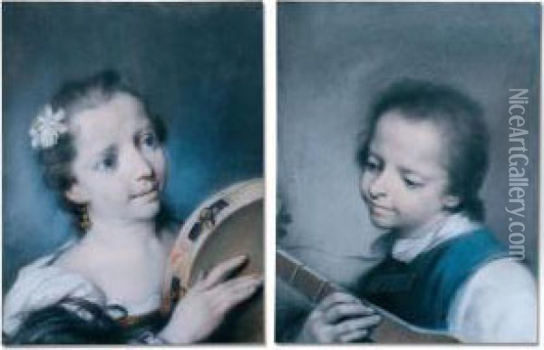 A Pair Of Portraits Of Children With Musical Instruments Oil Painting - Rosalba Carriera