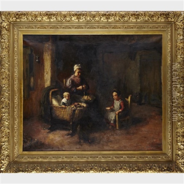 Mother Feeding Her Children In A Kitchen Interior Oil Painting - Bernard de Hoog