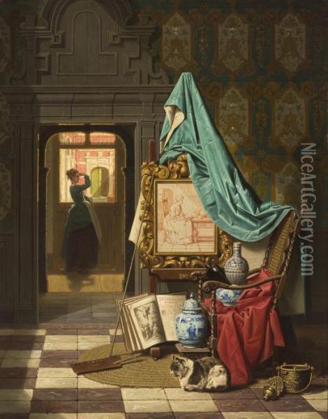 Interior With Still Life Oil Painting - Hendrik Jacobus Scholten