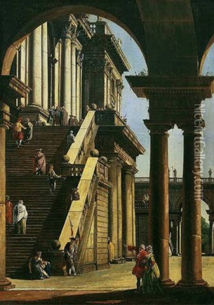 A Capriccio Of The Palazzo Del Senatore, Rome Oil Painting - Bernardo Bellotto