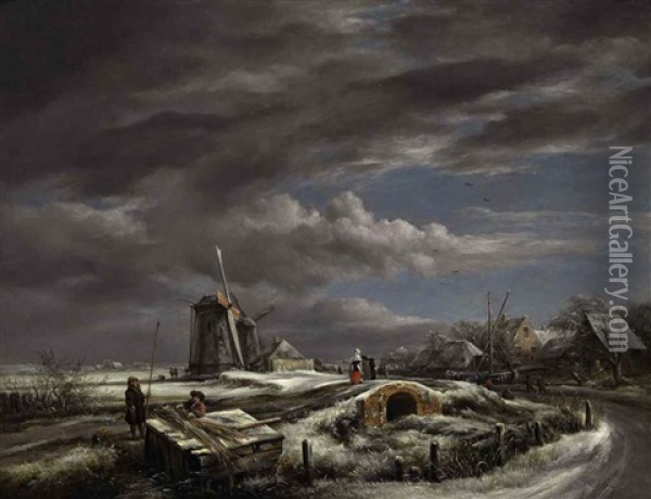 A Winter Landscape With With Figures On A Path, A Footbridge And Windmills Beyond (after Jacob Van Ruisdael) Oil Painting - John Constable