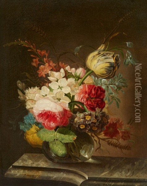 A Vase Of Flowers On A Marble Ledge Oil Painting - Maria Magrita van Os