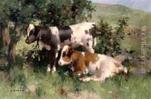 Untitled - Two Calves At Rest, Lulu And Fifi Oil Painting - David Gauld