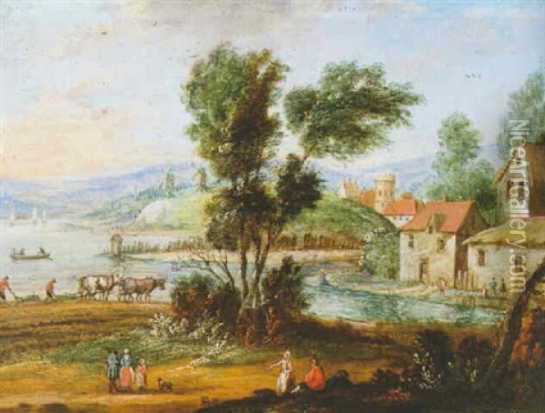 Landschaft Mit Windmuehlen Und Ein Dorf An Einem Fluss Oil Painting - Jan Frans van Bredael the Elder