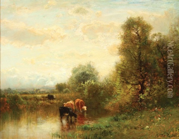Cattle Watering In An Expansive Landscape Oil Painting - Arthur Parton