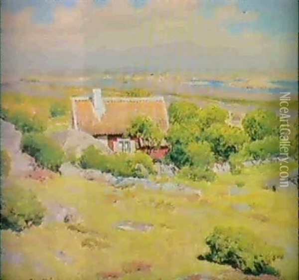 Utsikt Over Sommarlandskap Med Rod Stuga Oil Painting - Johan Fredrik Krouthen