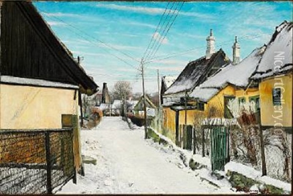 Clear Winter Day In St. Jorgensbjerg. On Both Sides Of The Snow-clad Village Street Yellow Houses Oil Painting - Laurits Andersen Ring