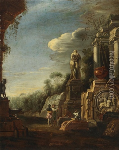 A Landscape With Ruins And Figures Oil Painting - Giovanni Paolo Panini