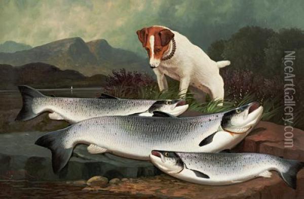 Terrier And Three Salmon Oil Painting - John Russell