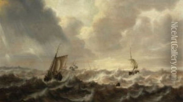 Marine, Fischer- Und Segelboote Auf Sturmisch Bewegter See Oil Painting - Pieter Van Der Croos