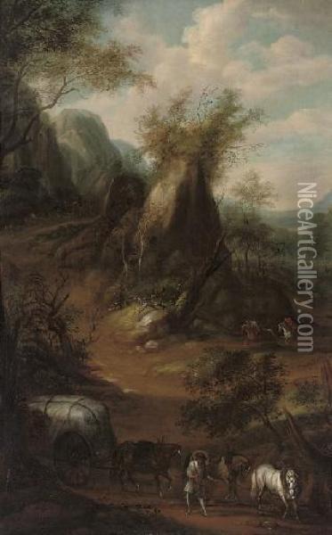 An Extensive Wooded Landscape With Travellers, A Carriage, And Horsemen On A Track Oil Painting - John Wootton