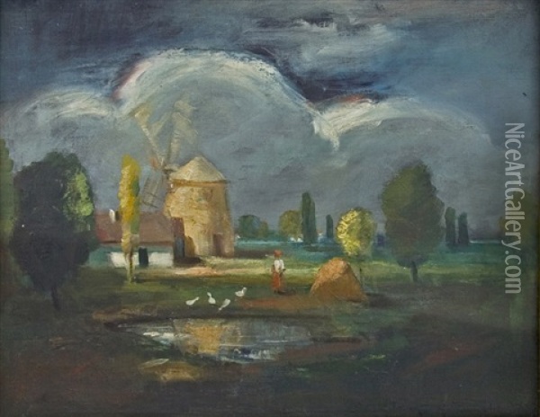 Rural Landscape With Windmill Oil Painting - Bela Ivanyi Gruenwald
