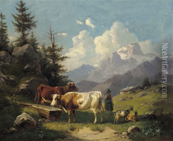 Sennerin Und Tierherde Auf Der Hochalm Oil Painting - Wilhelm Melchior