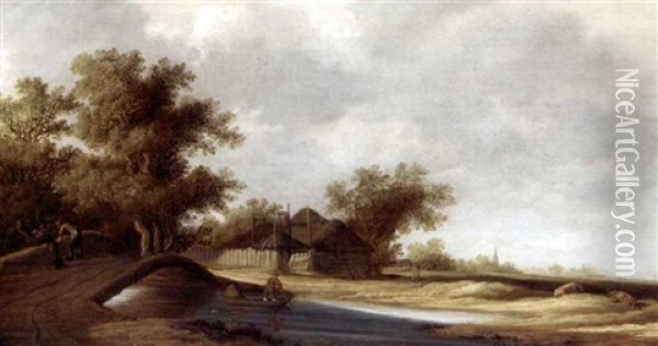 River Landscape With Figures On A Bridge, A Farmhouse Beyond Oil Painting - Pieter de Neyn