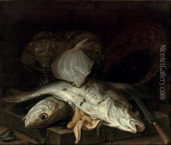Various Fish On A Stone Ledge Oil Painting - Jakob Gillig