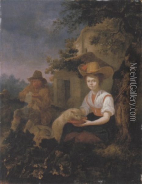 A Shepherd And A Young Shepherdess With Their Sheep By A Cottage Oil Painting - Pieter Cornelisz van Slingeland