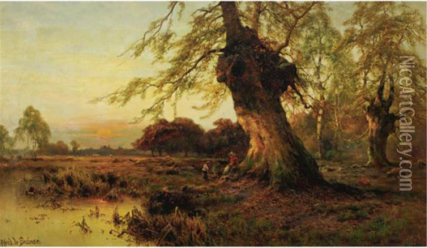 Shepherds At Sunset Oil Painting - Alfred de Breanski