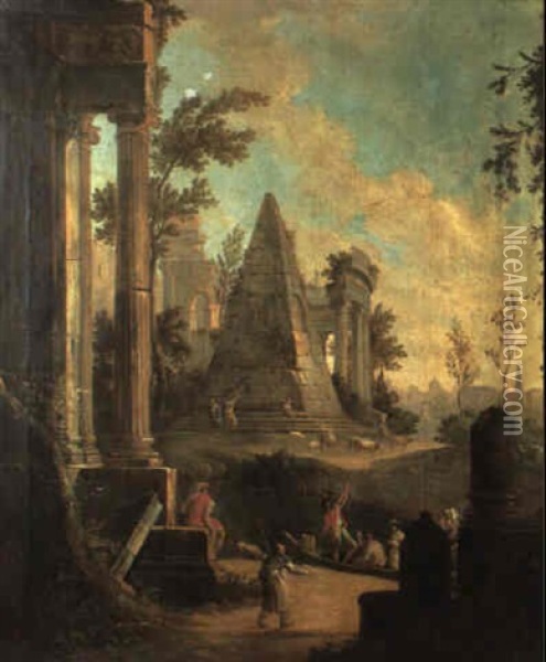 Capriccio Of Figures Amid Roman Ruins With The Pyramid Of Cestius Oil Painting - Jean Baptiste Charles Claudot