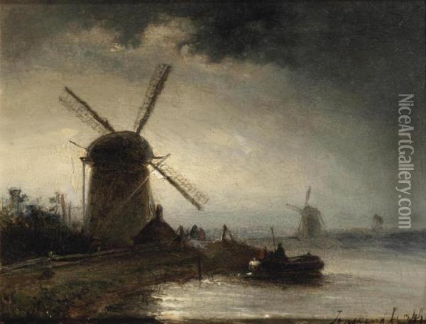 Opkomende Maan; A River Landscape With A Windmill At Dusk Oil Painting - Johan Barthold Jongkind