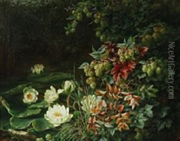 Hops At A Lake With Water Lilies Oil Painting - Anthonie Eleonore (Anthonore) Christensen