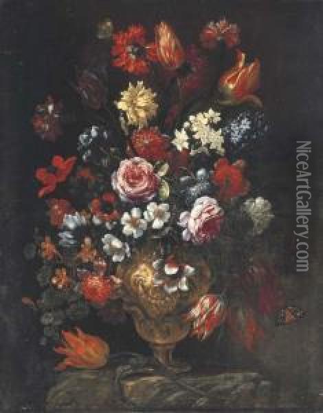 Tulips, Roses, Poppies, 
Chrysanthemums, Hyacinths And Other Flowers With Butterflies In A 
Sculpted Vase On A Ledge Oil Painting - Bartolommeo Bimbi