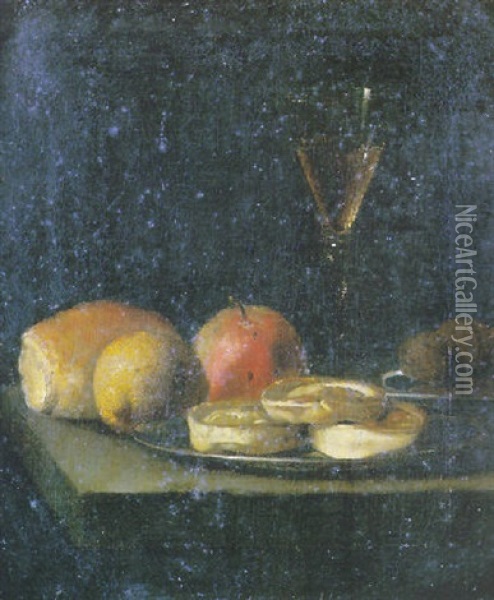 Nature Morte Aux Plats De Biscuits, Fruits, Noix Et Verre De Vin Sur Un Entablement Oil Painting - Hendrick van Streeck