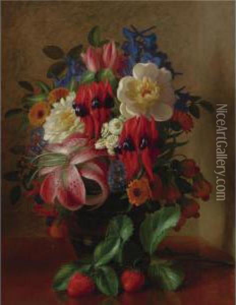 Still Life With Flowers And Strawberries Oil Painting - George Henry Hall