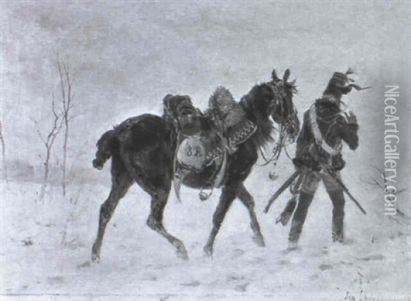 Kavallerist Mit Pferd In Winterlandschaft Oil Painting - Jan van Chelminski