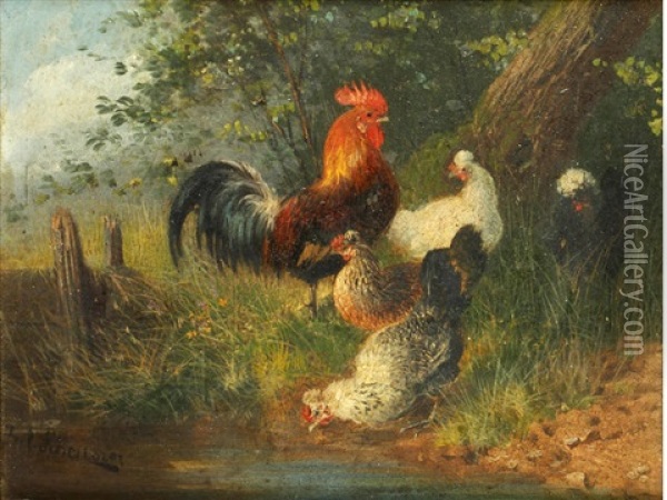 Cockerels And Hens By A Pond (pair) Oil Painting - Julius Scheuerer