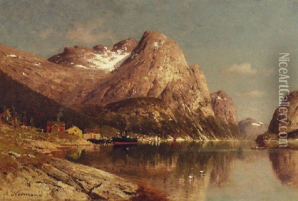 Reflections On The Fjord Oil Painting - Adelsteen Normann