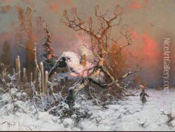 Figure In A Winter Landscape At Sunset Oil Painting - Iulii Iul'evich (Julius) Klever