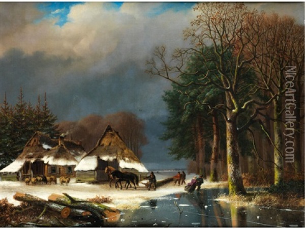 Winterliche Ansicht Mit Bauernhausern Und Figuren Beim Eisvergnugen Oil Painting - Nicolaas Johannes Roosenboom