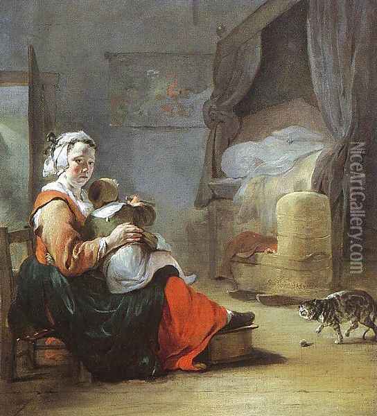 Mother and Child with Cat 1647 Oil Painting - Jan Baptist Weenix