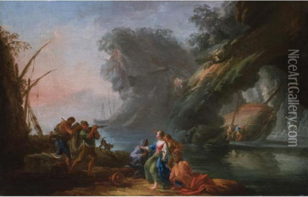 Ideallandschaft Mit
 Meeresbucht, Grotte Und Staffagefiguren Oil Painting - Claude-joseph Vernet