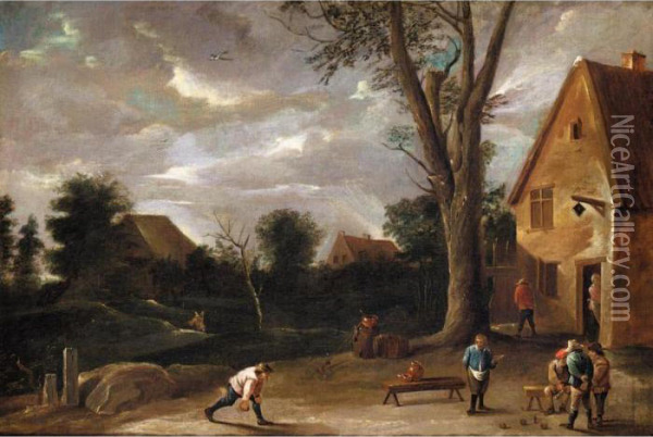 Peasants Playing Skittles Before A Tavern Oil Painting - David The Younger Teniers