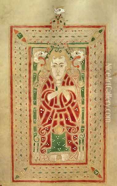 Seated figure of St. Mark the Evangelist with a book, page preceding the Gospel of St. Mark, from the MacDurnan Gospels, Armagh Oil Painting - Celtic