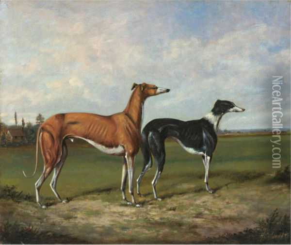 Two Greyhounds In A Landscape Oil Painting - Henry Calvert