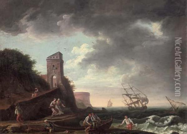 A Mediterranean Coastal Inlet With Fishermen And Their Catch Oil Painting - Claude-joseph Vernet