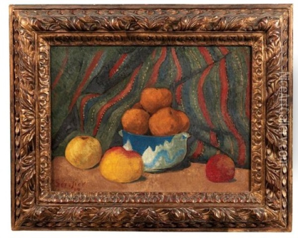 Nature Morte Aux Pommes Sur Fond De Tenture Rayee, 1912 Oil Painting - Paul Serusier