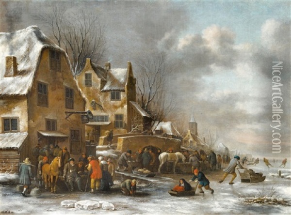 Winterlandschaft Mit Bauern Vor Einem Wirtshaus Und Schlittschuhlaufern Oil Painting - Nicolaes Molenaer