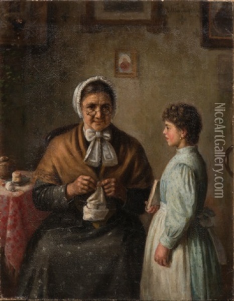 A Girl And A Grandmother Oil Painting - Vasili Timofeevich Timofeev