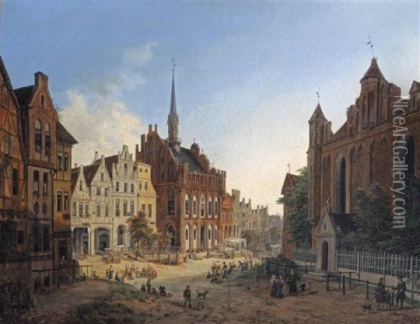 Daily Activities On A Square With The Old Town Hall, Marienburg Oil Painting - Domenico Quaglio