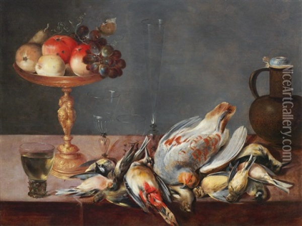 Still Life With A Tazza Of Fruit, Birds, Glasses And A Stoneware Jug Oil Painting - Alexander Adriaenssen the Elder