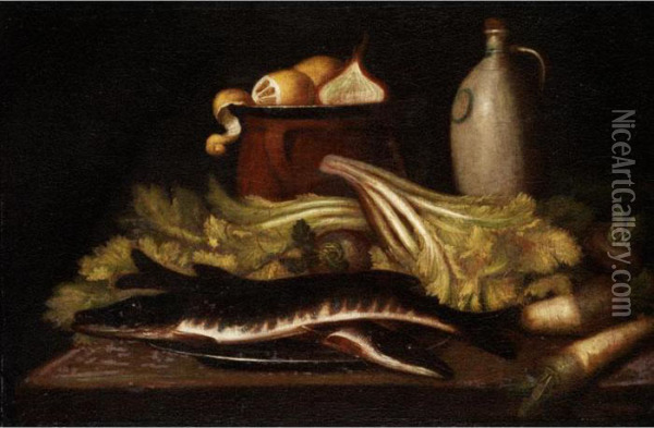 Gemusestilleben Mit Fischen Oil Painting - Johann Michael Schwabeda