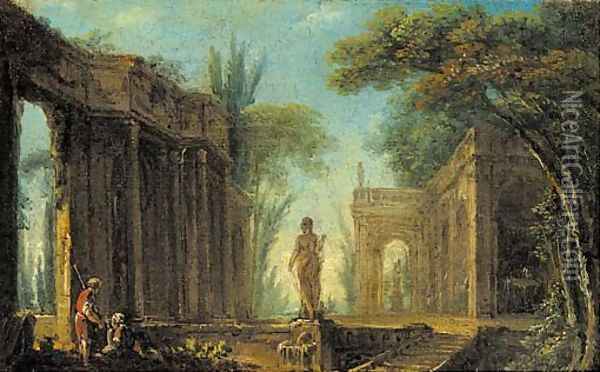 A capriccio of classical ruins with figures by a fountain Oil Painting - Hubert Robert