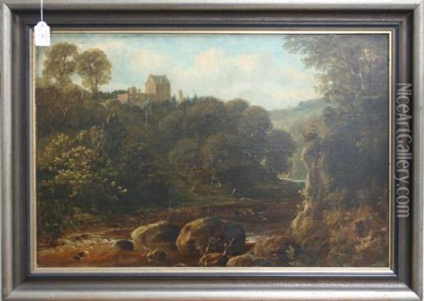 Landscape With An Angler By A River Oil Painting - William Ashford